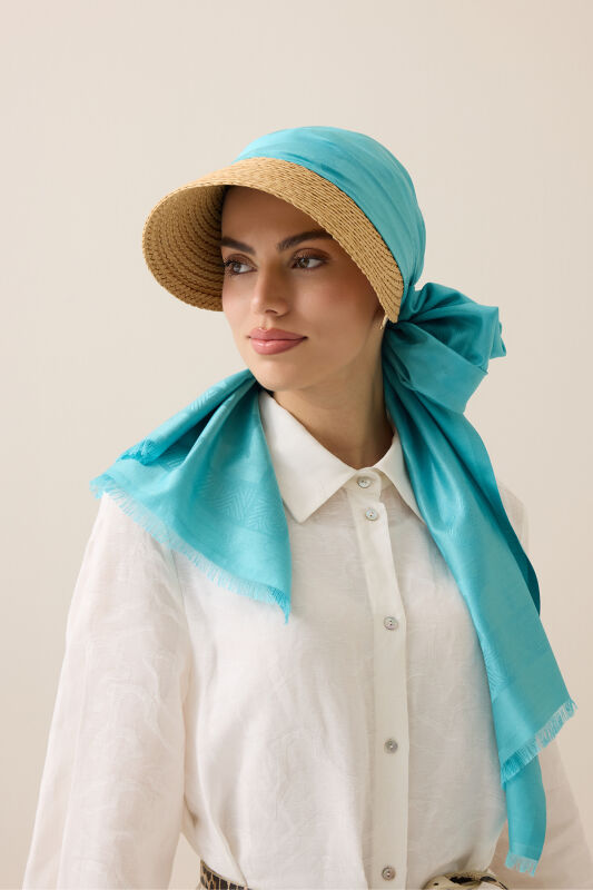 Coral Turquoise Jacquard Silk Shawl - 5