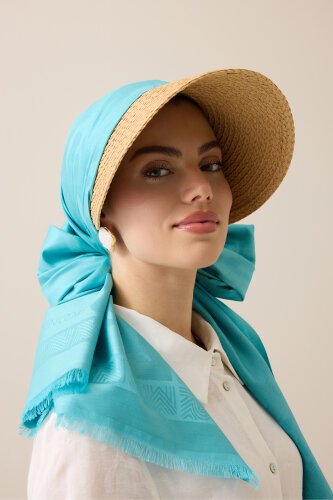 Coral Turquoise Jacquard Silk Shawl - 3