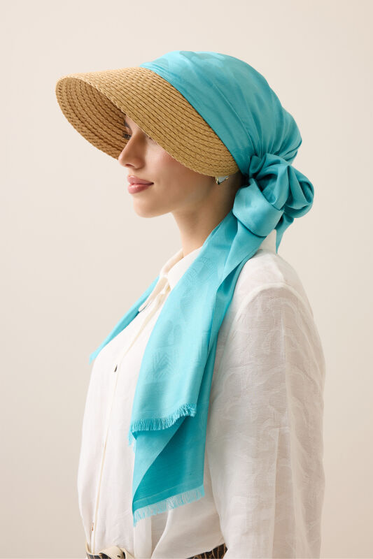 Coral Turquoise Jacquard Silk Shawl - 1