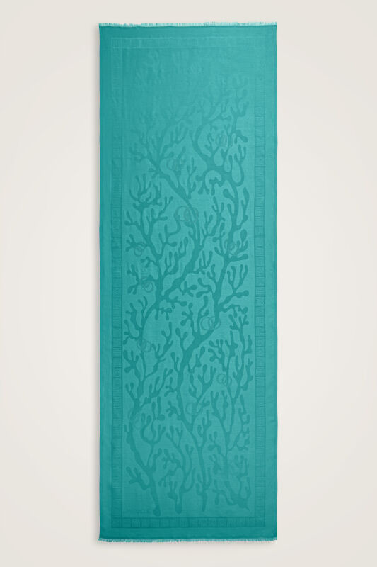 Coral Turquoise Jacquard Silk Shawl - 1