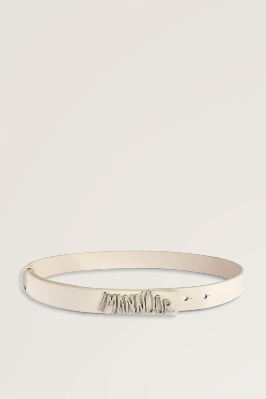 Cream Leather Belt with Silver Accessories - 1