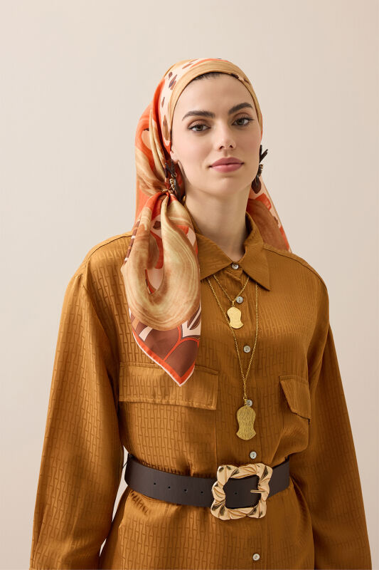 Creek Road Beige-Orange Twill Silk Scarf - 5