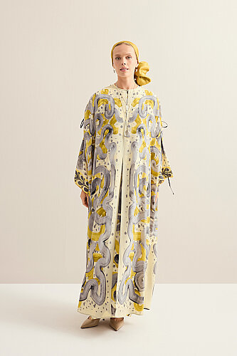 Creek Road Yellow-Gray Crepe Silk Abaya - 3