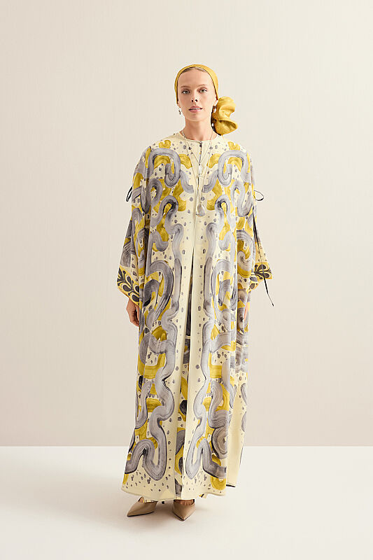 Creek Road Yellow-Gray Crepe Silk Abaya - 3