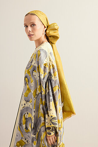Creek Road Yellow-Gray Crepe Silk Abaya - 1