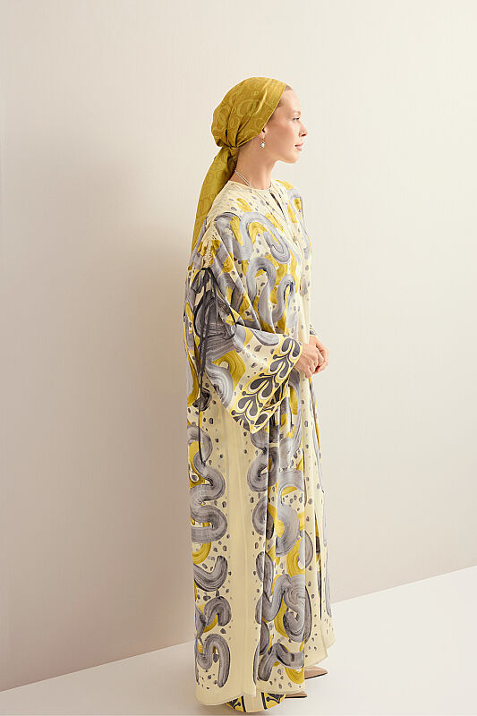 Creek Road Yellow-Gray Crepe Silk Abaya - 5