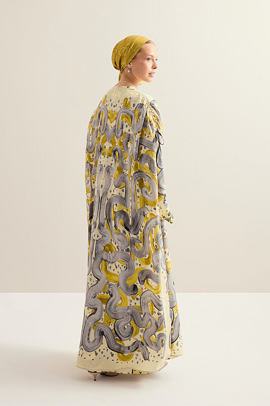 Creek Road Yellow-Gray Crepe Silk Abaya - 7