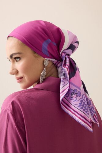 Dalgalar Fuşya Tivil İpek Eşarp 90x90 - Imannoor