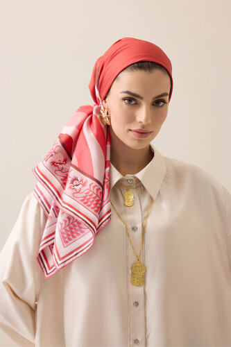 Dalgalar Kırmızı Tivil İpek Eşarp 90x90 - Imannoor (3)