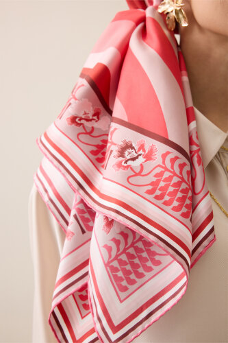 Dalgalar Kırmızı Tivil İpek Eşarp 90x90 - 5