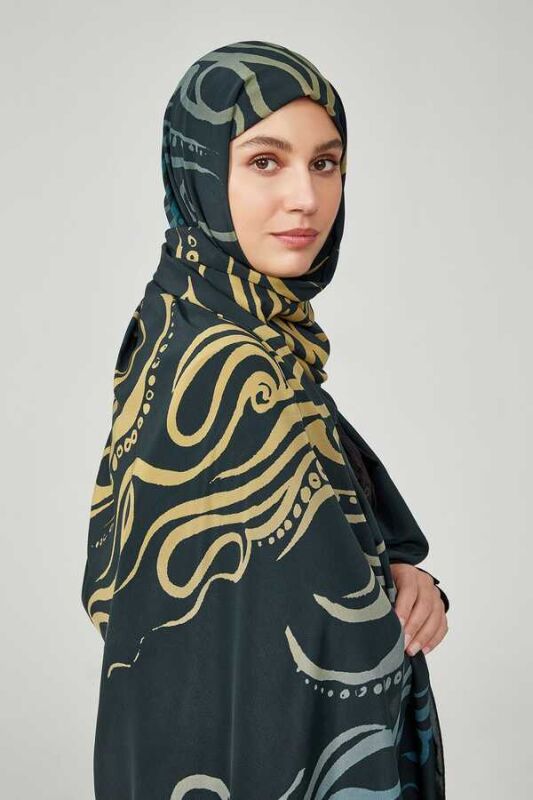 Dalgalar Petrol Mavisi İpek Şal 80x250 - 4