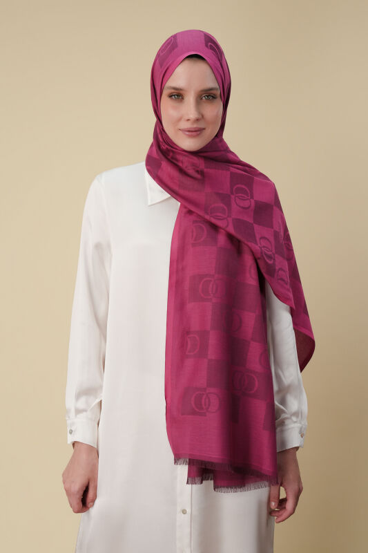 Dama Desen Fuşya Pamuk İpek Şal 70x190 - 1