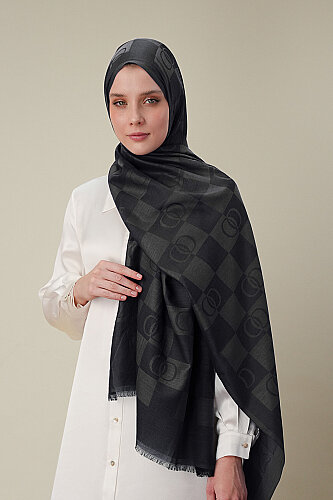 Dama Desen Siyah Pamuk İpek Şal 70x190 