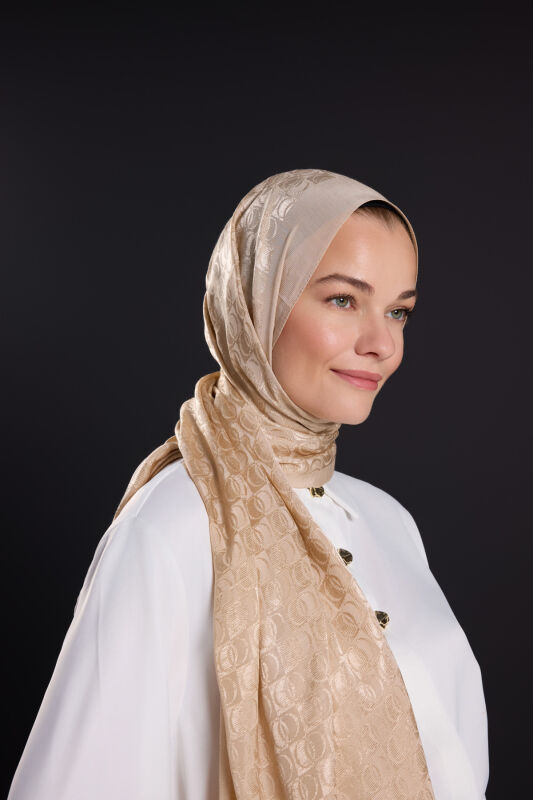 Dama Logo Beige Shiny Jacquard Shawl - 3