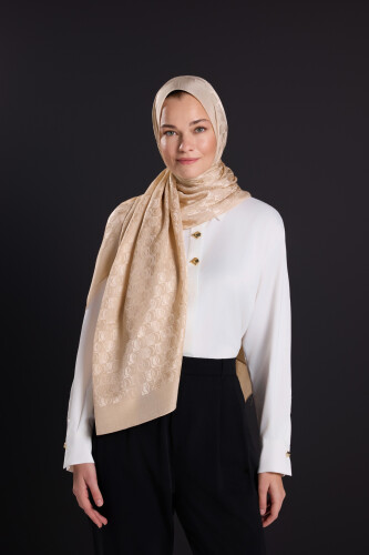 Dama Logo Bej Shiny Jakar Şal 70x190 - 5