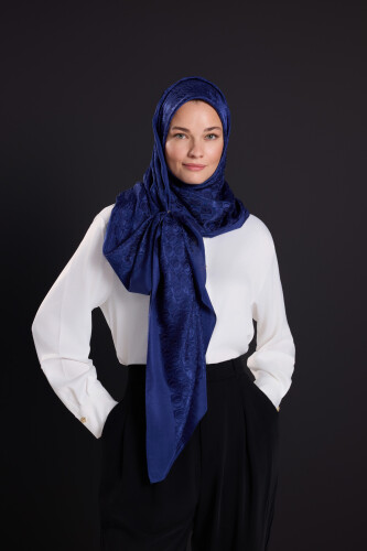 Dama Logo Lacivert Shiny Parlak Jakar Şal 70x190 