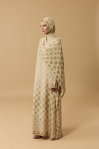 Damlalar Patlı Bej Elbise - Imannoor (3)