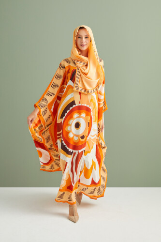 Dancing Flower Silk Caftan Orange - 1