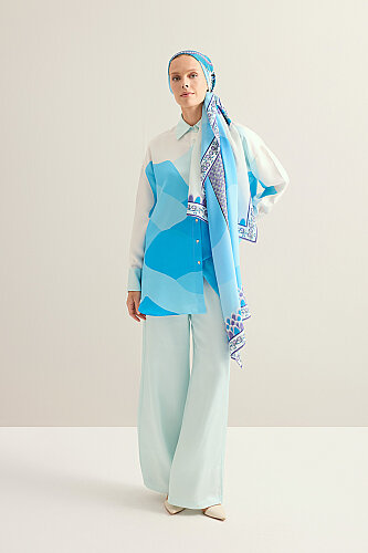 Date Palm Blue Crepe Silk Shirt Scarf - 5