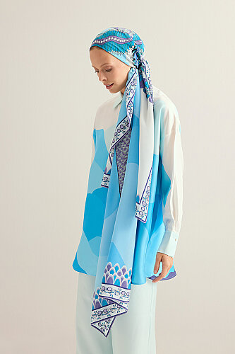 Date Palm Blue Crepe Silk Shirt Scarf 