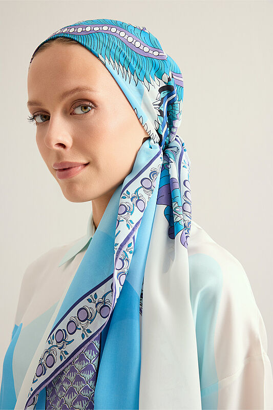 Date Palm Blue Crepe Silk Shirt Scarf - 3