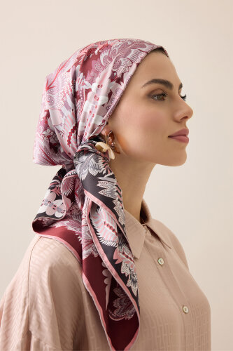 Hurma Dalı Pudra-Bordo Çift Taraflı Tivil İpek Eşarp 94x94 - Imannoor (1)