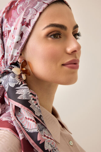 Date Palm Branch Powder Pink-Burgundy Double-Sided Twill Silk Scarf - 3