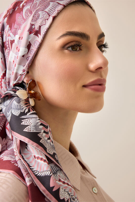 Date Palm Branch Powder Pink-Burgundy Double-Sided Twill Silk Scarf - 3