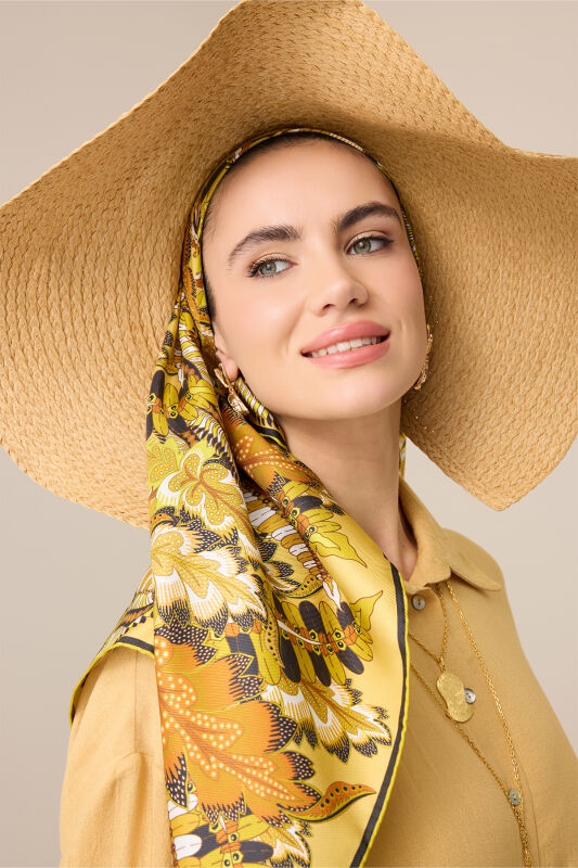 Date Palm Branch Red-Yellow Double-Sided Twill Silk Scarf - 1