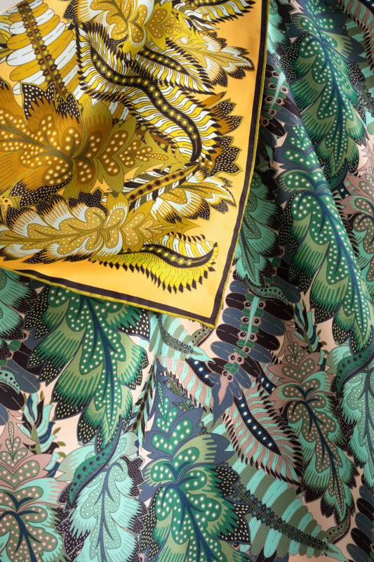 Date Palm Branch Turquoise-Yellow Double-Sided Twill Silk Scarf - 4