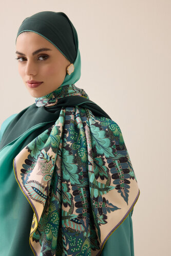 Date Palm Branch Turquoise-Yellow Double-Sided Twill Silk Scarf 