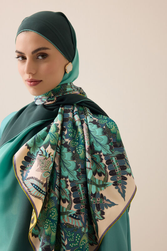 Date Palm Branch Turquoise-Yellow Double-Sided Twill Silk Scarf - 1