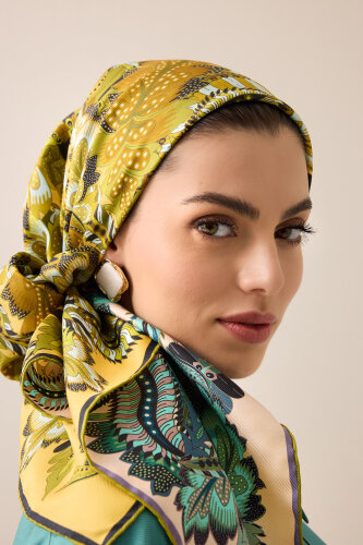 Date Palm Branch Turquoise-Yellow Double-Sided Twill Silk Scarf - 3