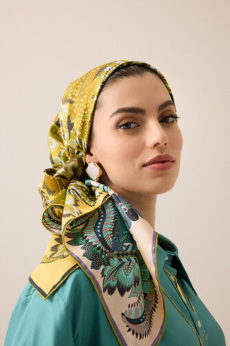 Date Palm Branch Turquoise-Yellow Double-Sided Twill Silk Scarf - 6