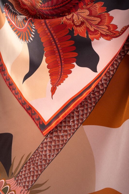 Date Palm Tree Beige-Orange Double-Sided Twill Silk Scarf - 2