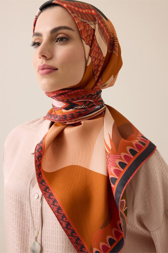 Date Palm Tree Beige-Orange Double-Sided Twill Silk Scarf - Imannoor