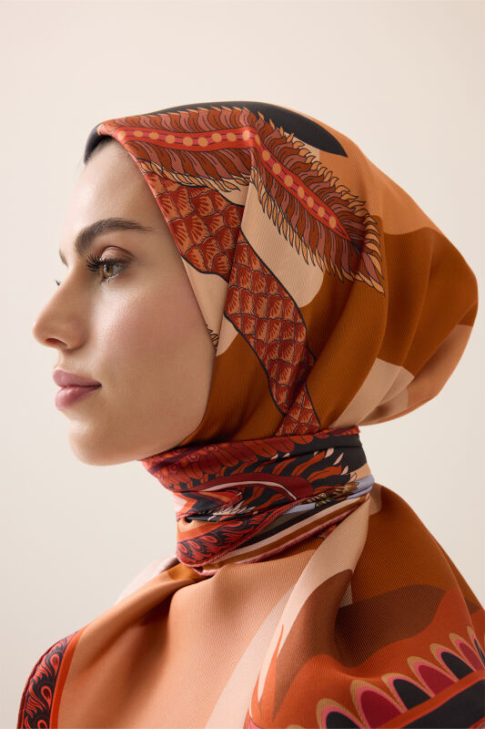 Date Palm Tree Beige-Orange Double-Sided Twill Silk Scarf - 3