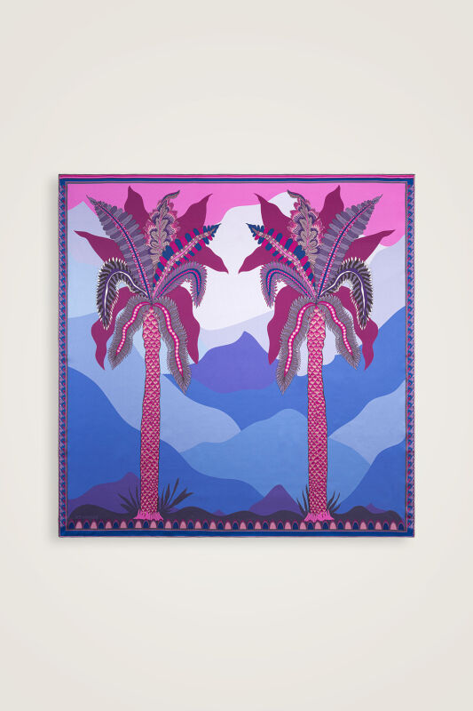 Date Palm Tree Blue-Fuchsia Double-Sided Twill Silk Scarf - 1