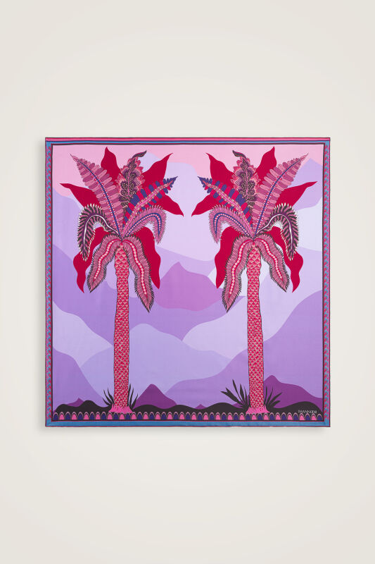 Date Palm Tree Blue-Fuchsia Double-Sided Twill Silk Scarf - 3