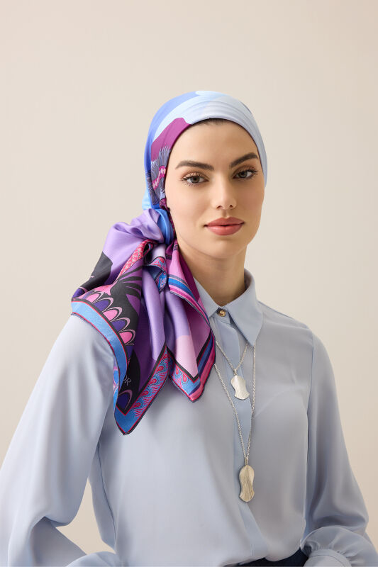 Date Palm Tree Blue-Fuchsia Double-Sided Twill Silk Scarf - 3