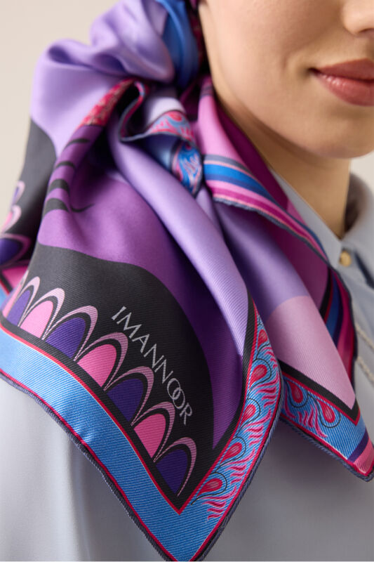 Date Palm Tree Blue-Fuchsia Double-Sided Twill Silk Scarf - 7