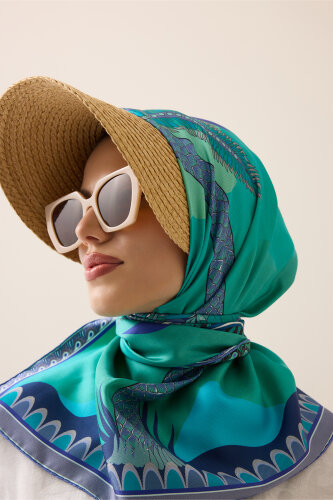 Date Palm Tree Green-Turquoise Double-Sided Twill Silk Scarf 