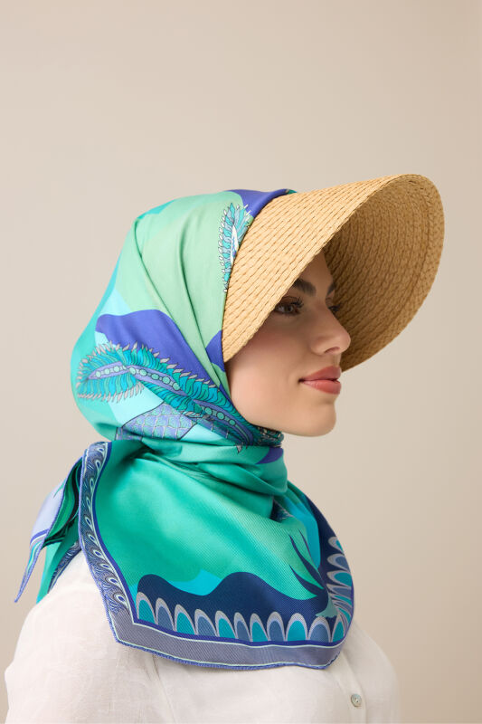 Date Palm Tree Green-Turquoise Double-Sided Twill Silk Scarf - 5