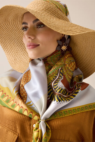 Date Palm Tree Purple-Yellow Double-Sided Twill Silk Scarf - Imannoor