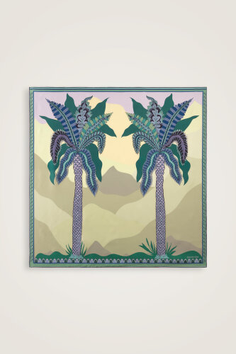 Date Palm Tree Turquoise-Yellow Double-Sided Twill Silk Scarf 