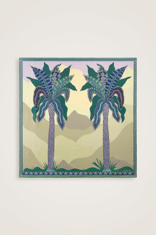 Date Palm Tree Turquoise-Yellow Double-Sided Twill Silk Scarf - 1