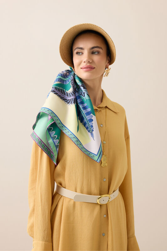 Date Palm Tree Turquoise-Yellow Double-Sided Twill Silk Scarf - 7