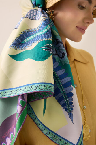 Date Palm Tree Turquoise-Yellow Double-Sided Twill Silk Scarf - 6