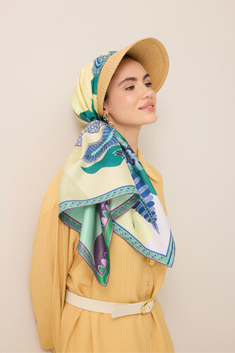 Date Palm Tree Turquoise-Yellow Double-Sided Twill Silk Scarf - 5