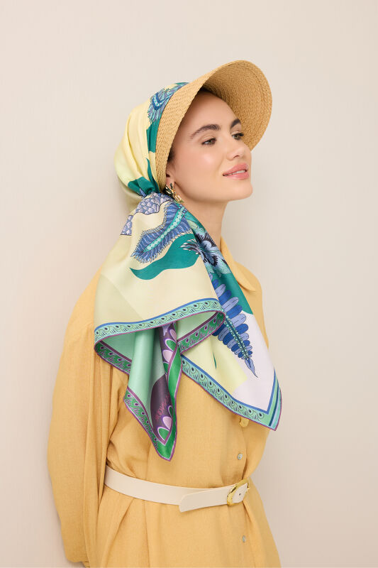 Date Palm Tree Turquoise-Yellow Double-Sided Twill Silk Scarf - 5